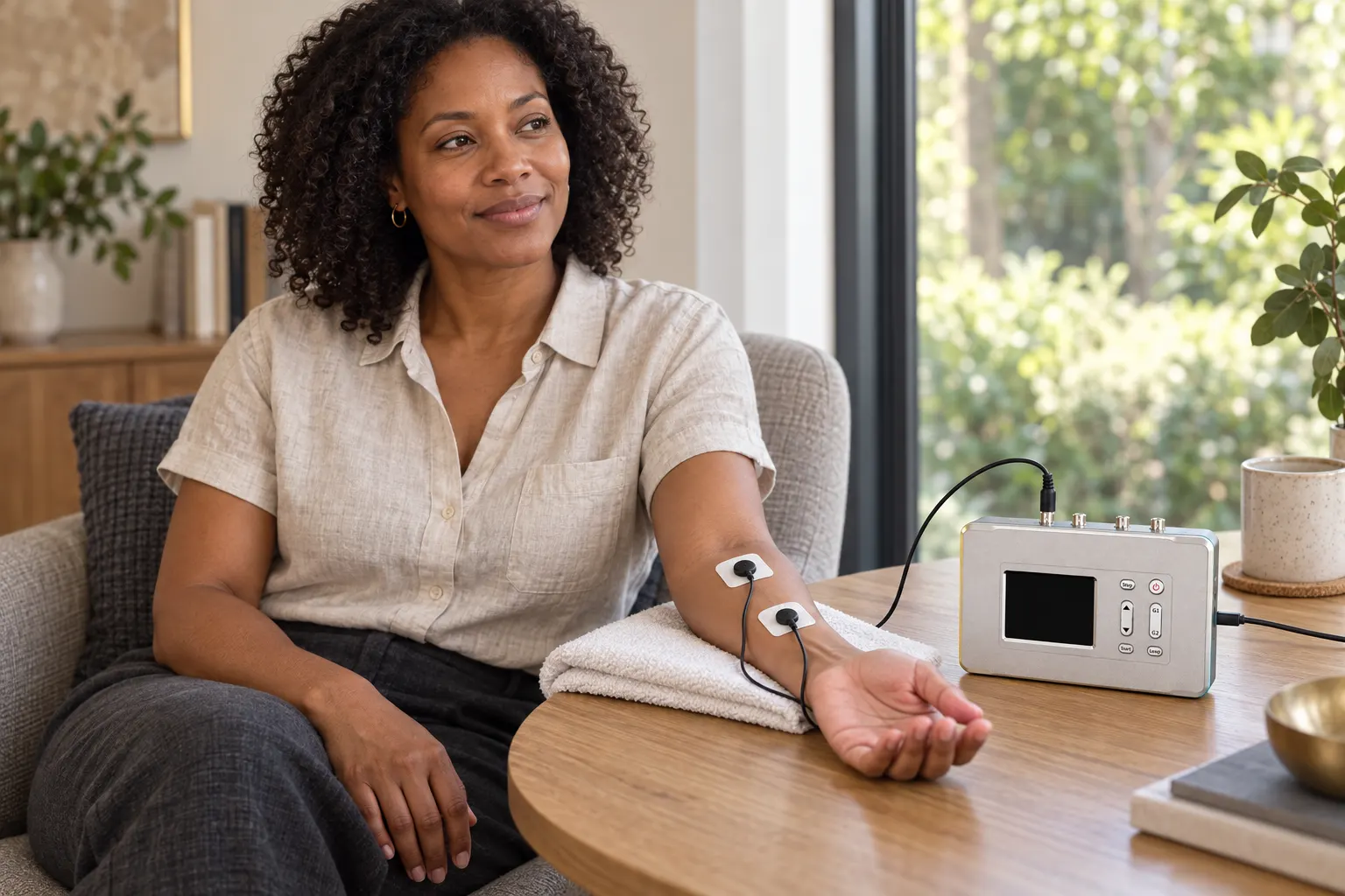 A seated woman with two contact pads on her supported forearm beside a frequency generator