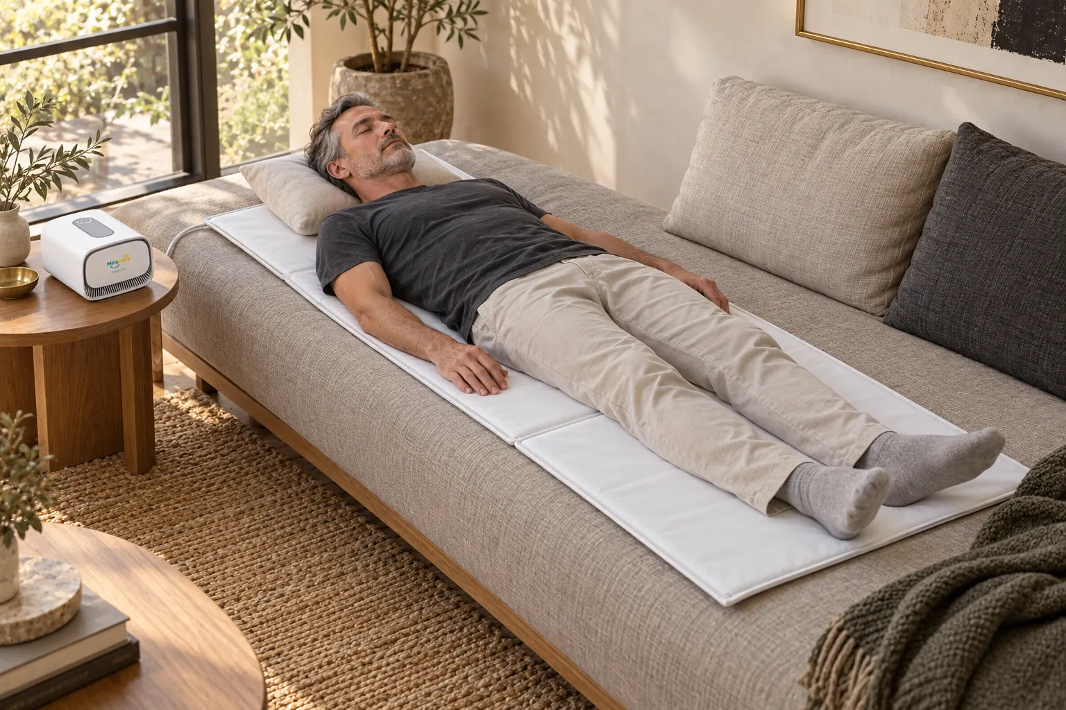 A man resting fully clothed on a white full-body PEMF mat, with its controller beside the daybed
